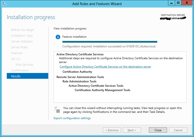 Configure Active Directory Certificate Servers on the destination server