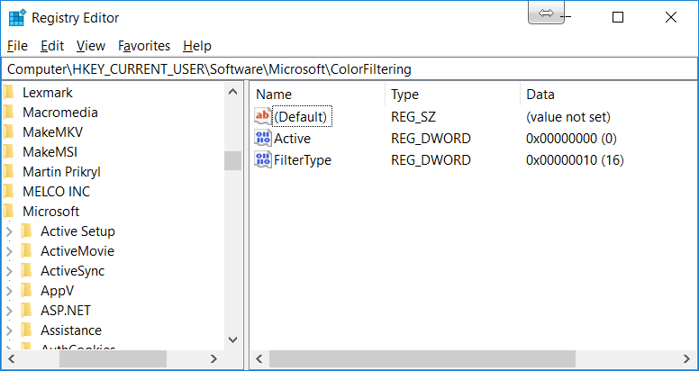 Color Filter Registry Settings